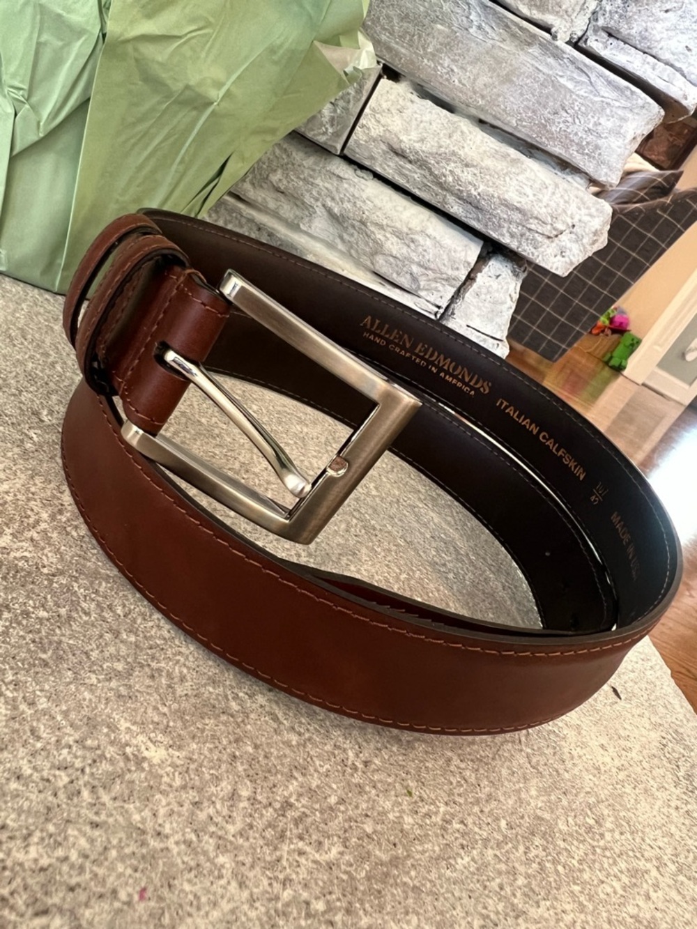 Allen Edmonds Men’s Brown Italian Calfskin Leather Belt with Silver Buckle